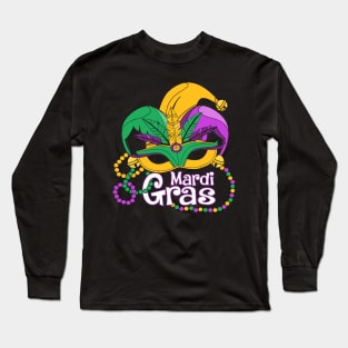 Mardi Gras 2024 Beads Mask Feathers Long Sleeve T-Shirt